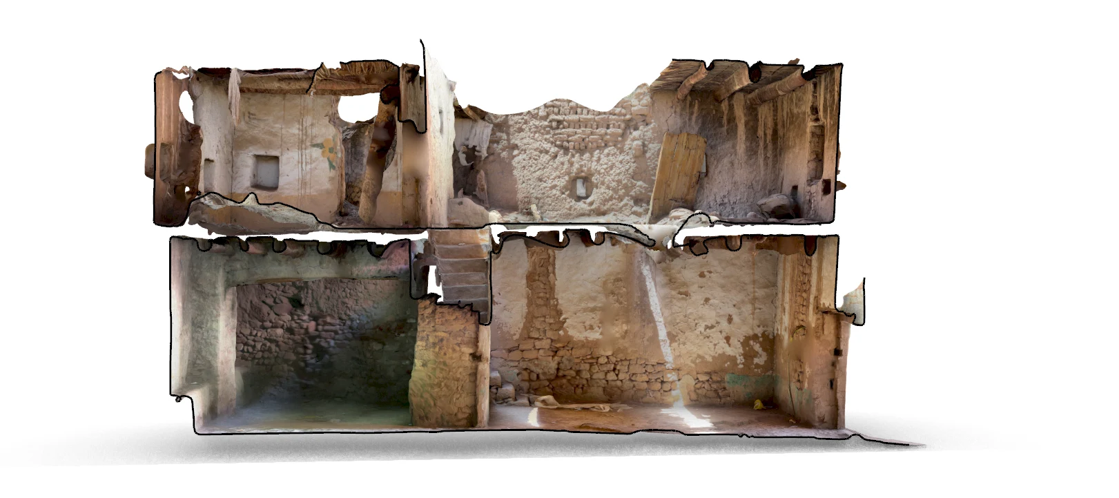 Unit 318, textured 3D survey cutaway showing two storeys of historic fabric
