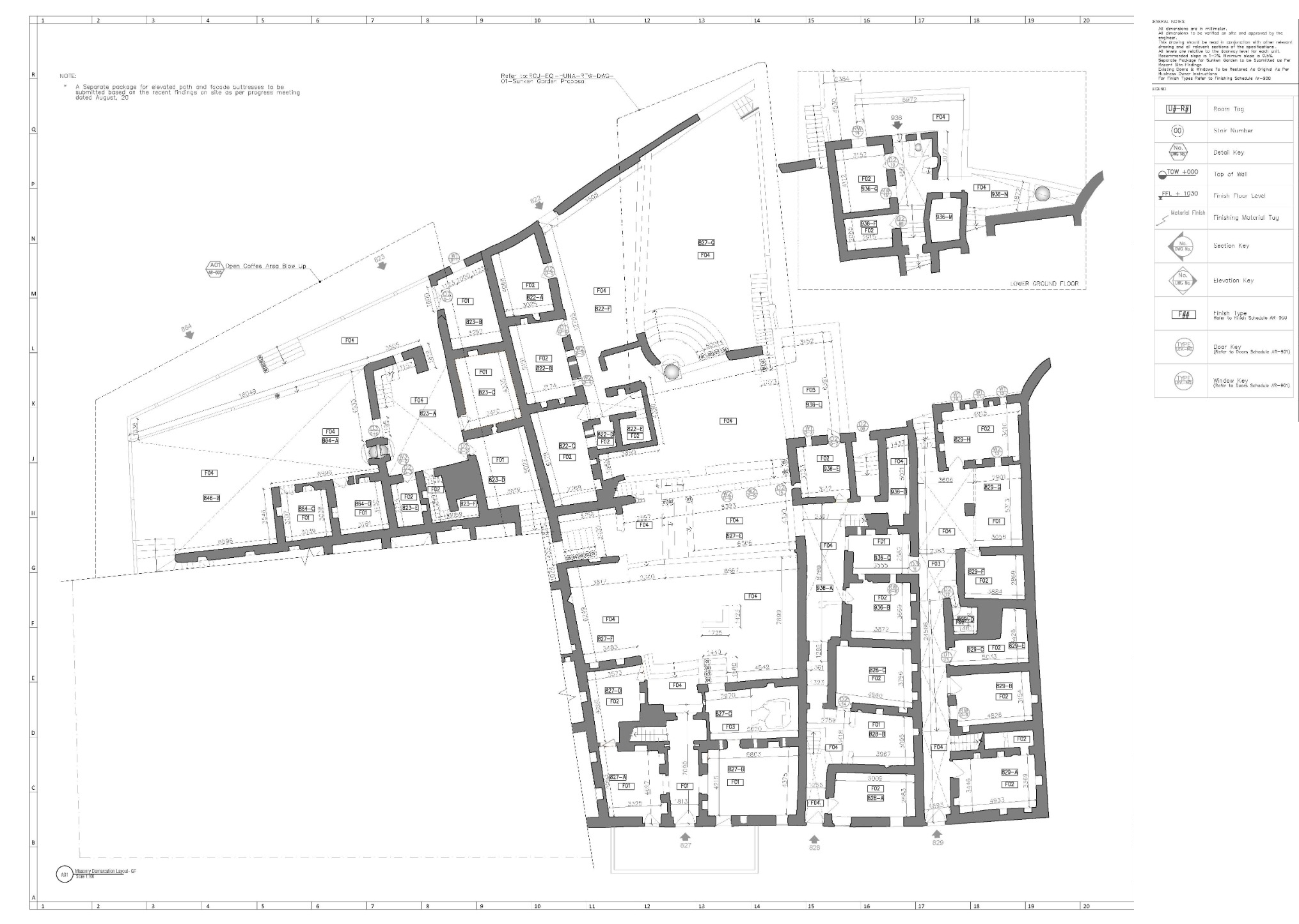 Huna Complex — ground-floor general layout, drawing AR-100