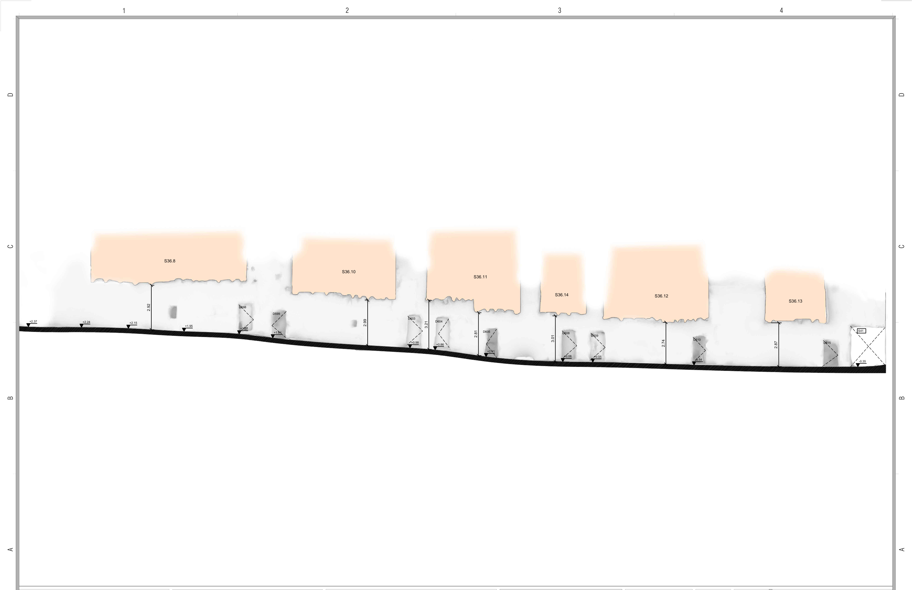 Street-level survey section in S36 — from S41 to Unit 598, showing overhead tayrah connections