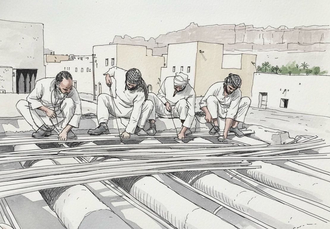 Craftspeople working on a roof - an AlUla Old Town site sketch