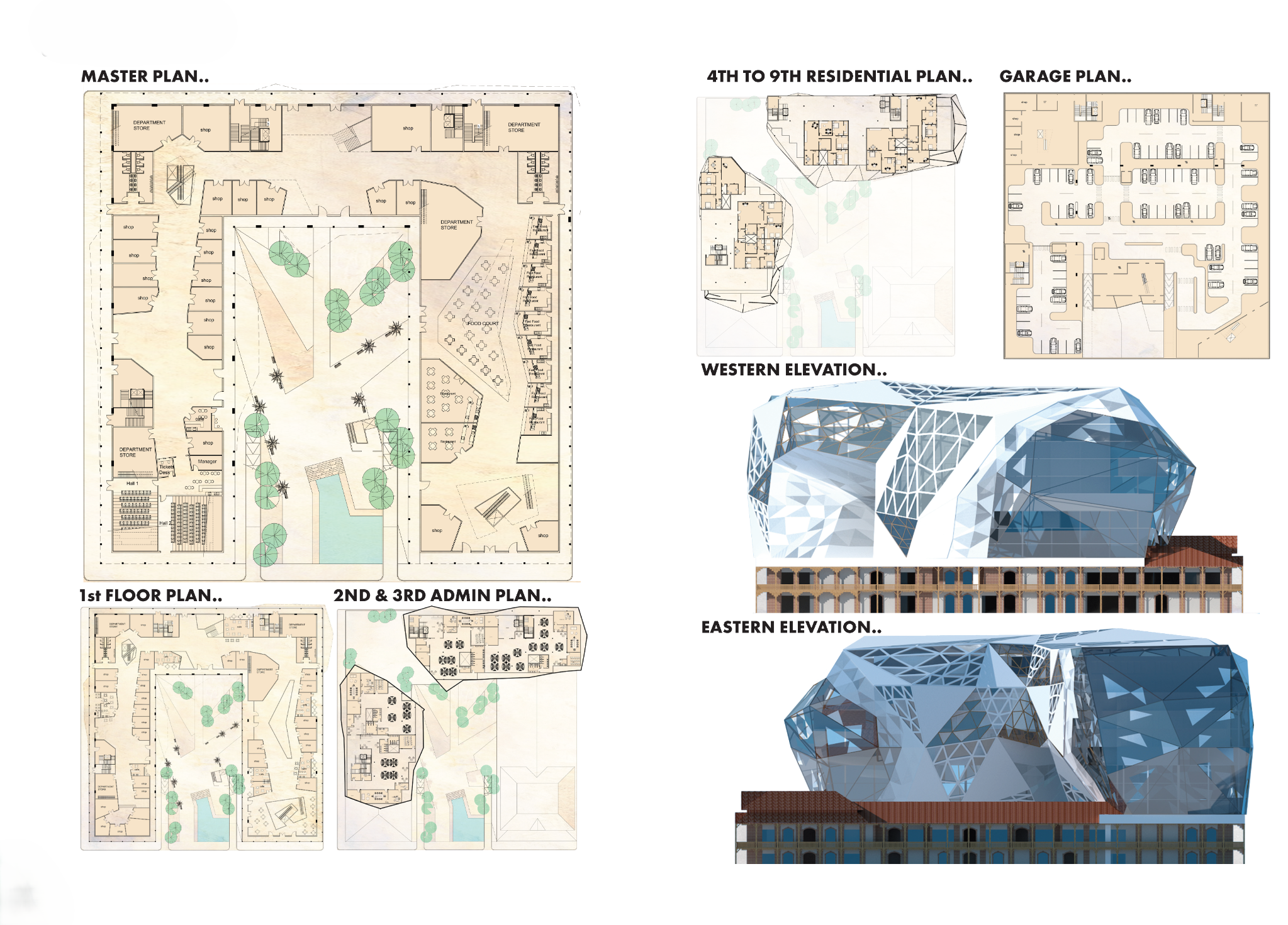 Master plan, floor plans and east/west elevations