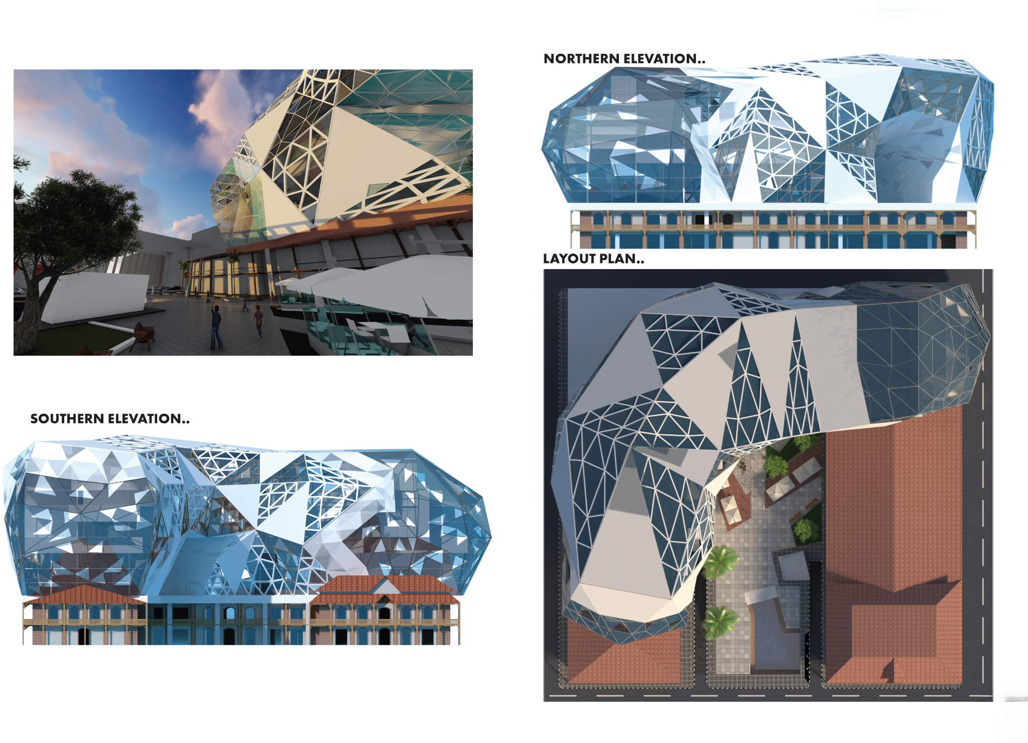 Exterior perspective, north/south elevations and roof layout